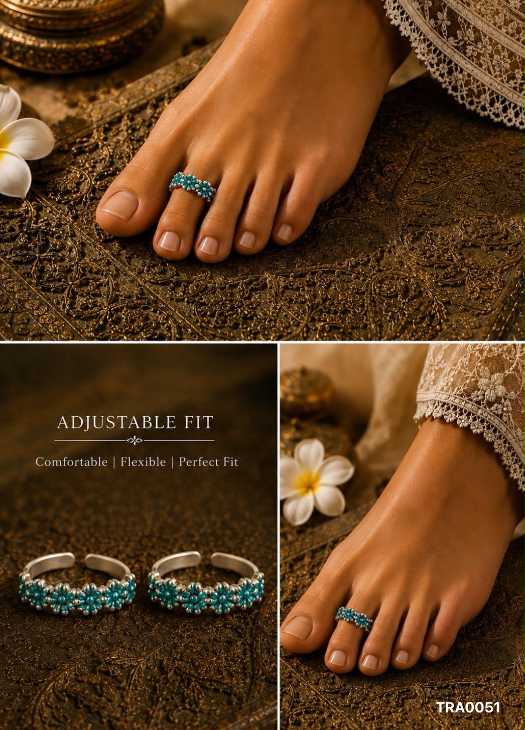92.5 Sterling Silver floral motif with vibrant teal enamel Toe Rings