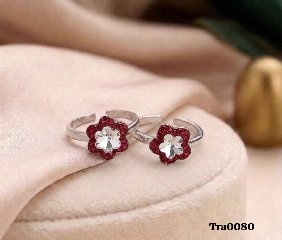 Elegant Floral-Inspired Silver Rings - Red Petal & Clear Stone