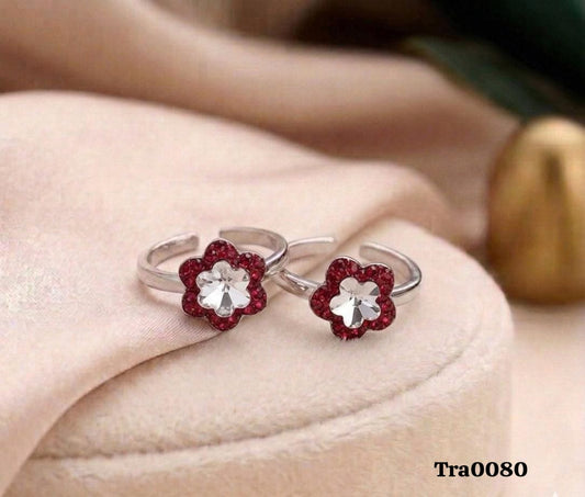 Elegant Floral-Inspired Silver Rings - Red Petal & Clear Stone