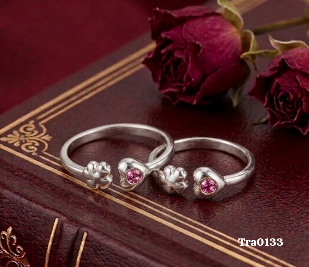 Flower Motif Silver Toe Rings - Heart Setting with Pink Stone