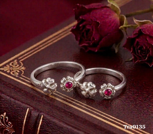 Flower Motif Silver Toe Rings - Flower Setting with Reddish-Pink Stone