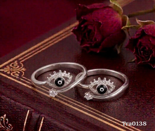 Evil Eye Motif with "Eyelash" Silver Toe Rings - Stone-Encrusted Border