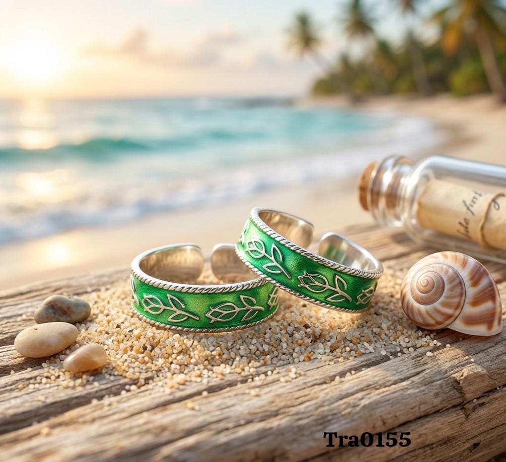 Green enameled surface Silver Toe Rings