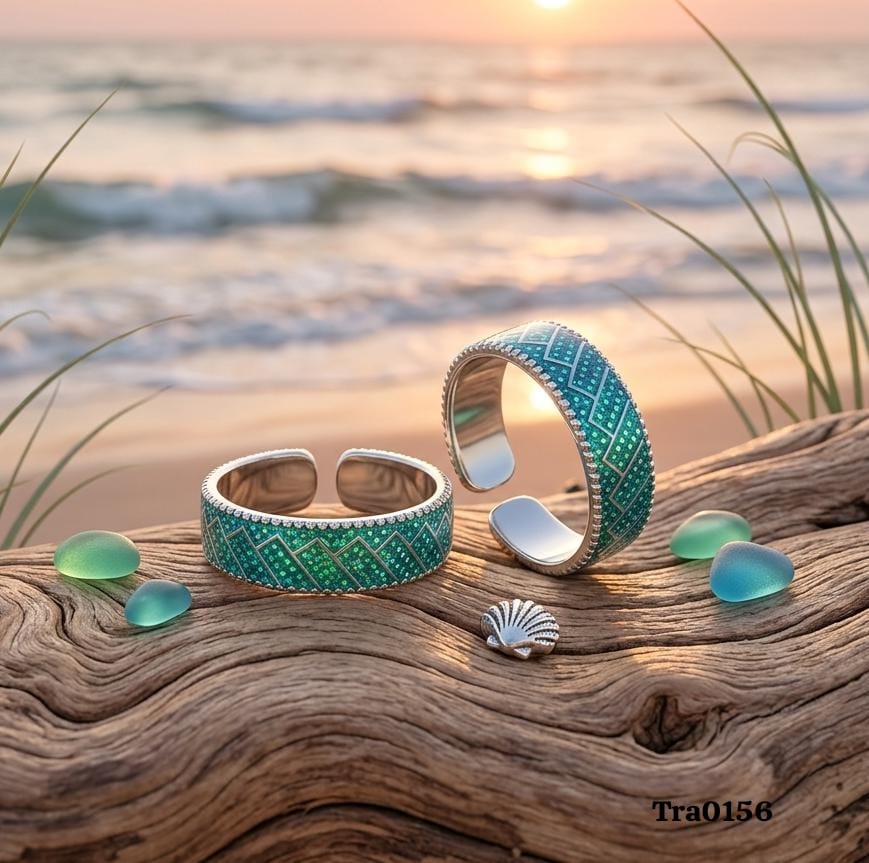 Iridescent teal and green enameled Silver Toe Rings