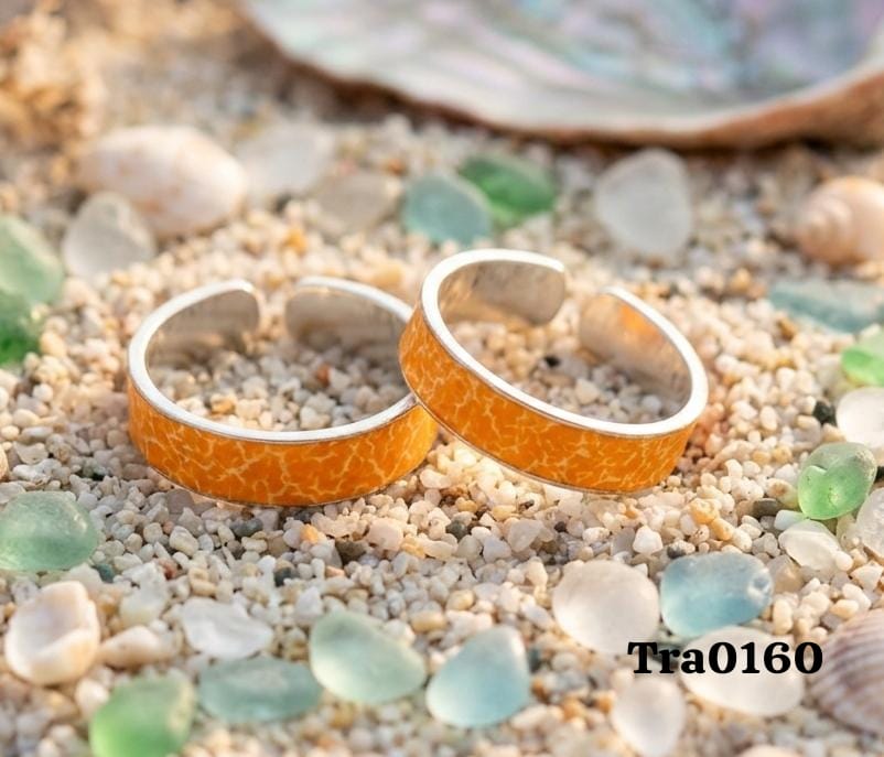 Vibrant Orange Enamel Silver Toe Rings - Crackled Texture