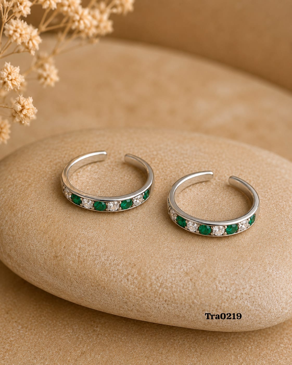 Green Stones Silver Toe Rings - Statement Design
