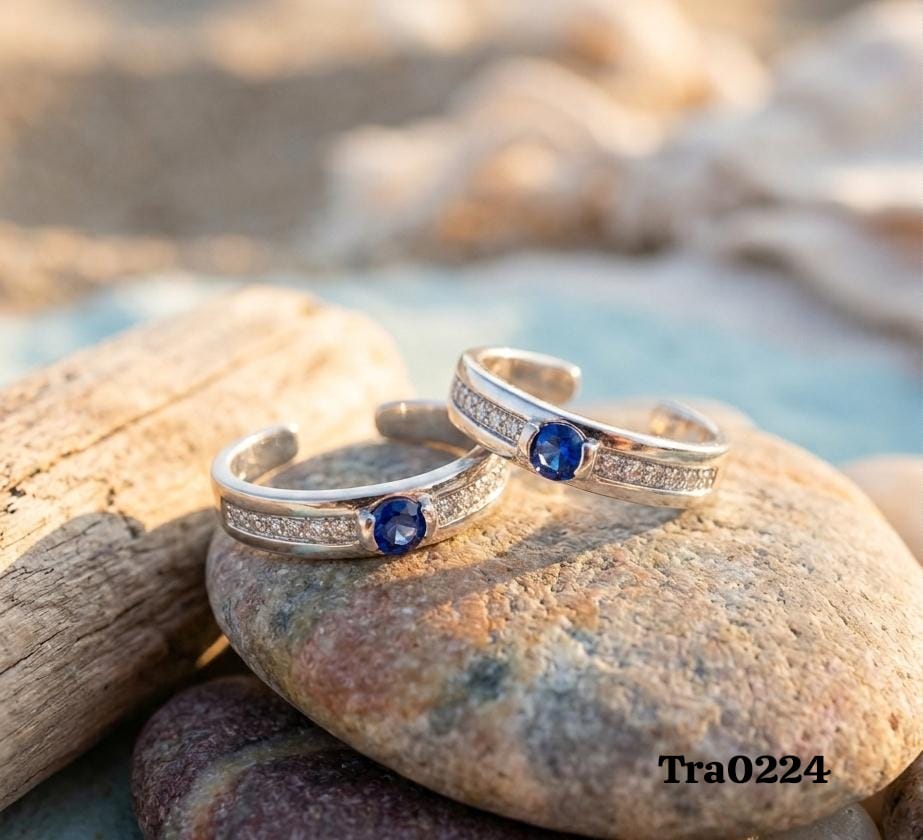 Deep Blue Stone Silver Toe Rings - Sparkling Accent Band