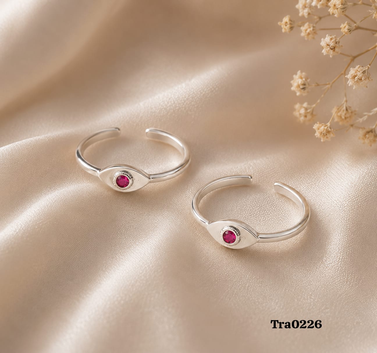 Pink Stone Eye-Shaped Silver Toe Rings