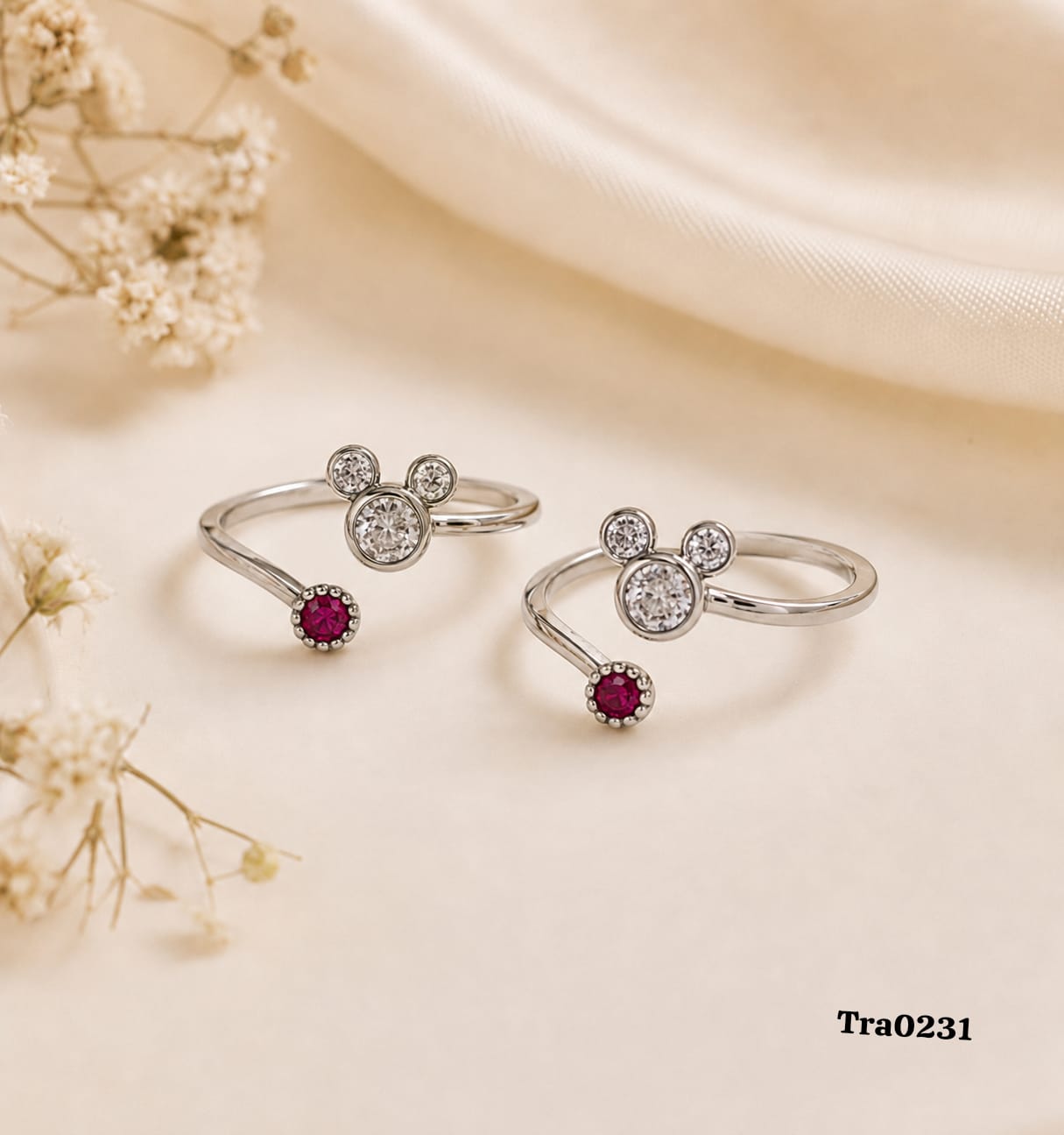 Mouse-Ear Silhouette Silver Toe Rings - Pink Stone Accent