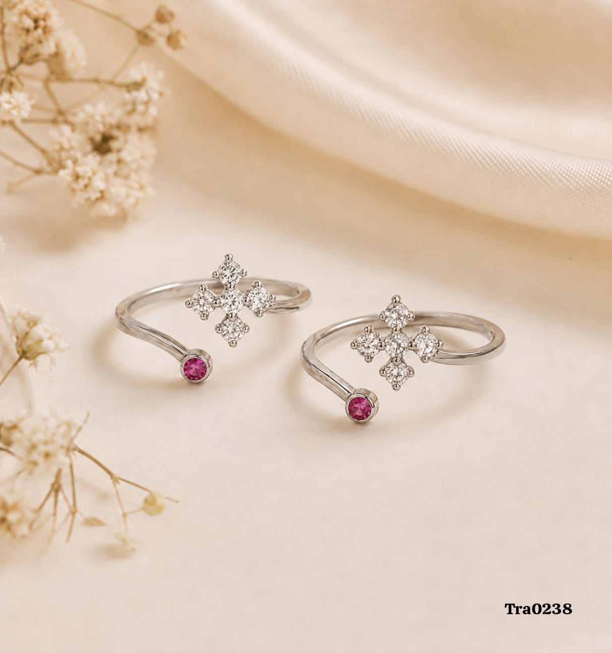 Pink circular stone Silver Toe Rings