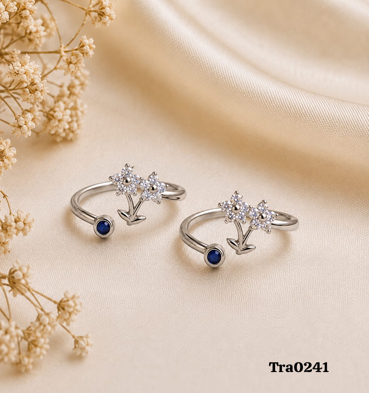 Open band Silver Toe Rings with small, blue circular stone