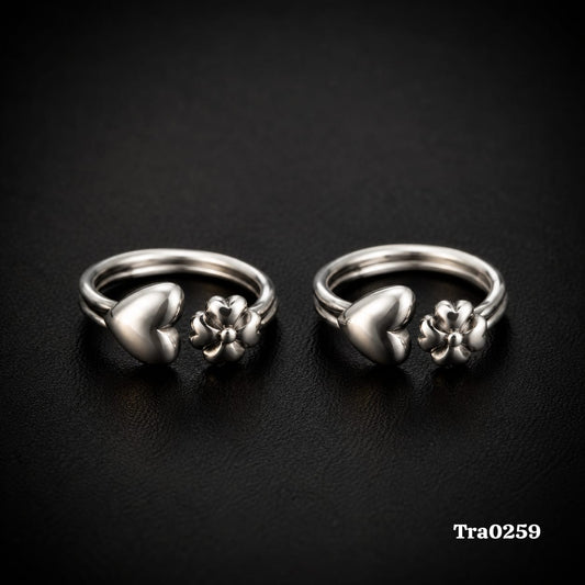 Open Band Silver Toe Rings with Heart & Flower shaped centerpiece