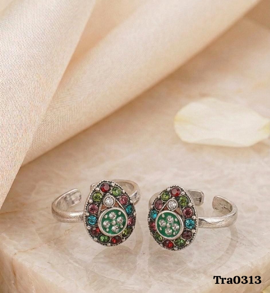 Sterling Silver Multi-Colored Toe Rings - Teardrop with Green Inlay