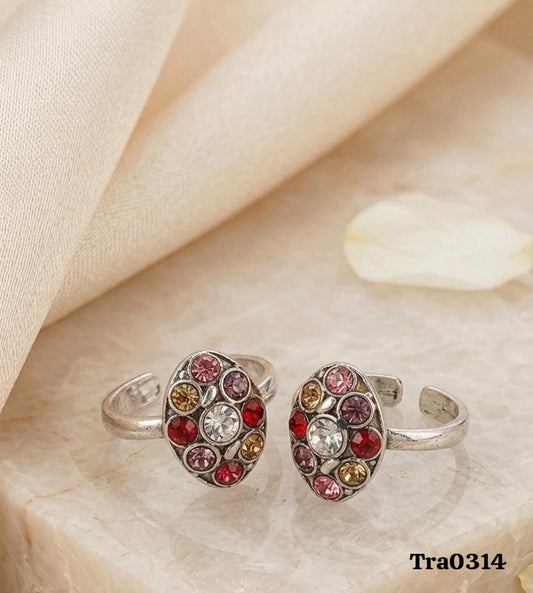 Sterling Silver Multi-Colored Toe Rings - Oval with Clear Stone