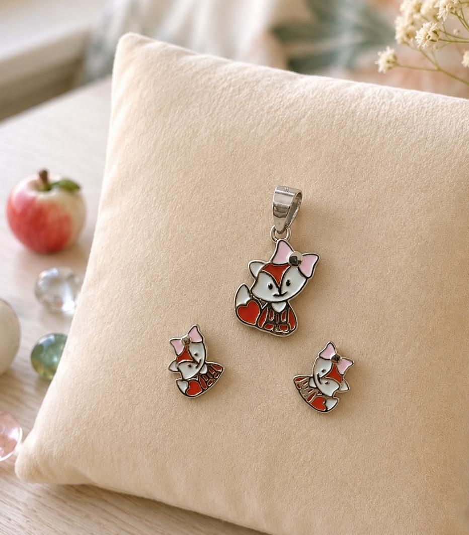 Cute Fox Design 92.5 Sterling Silver Pendant & Earring Set