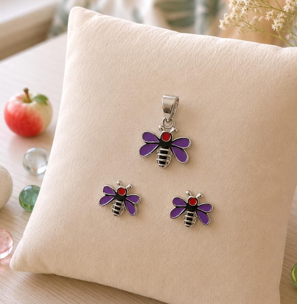Purple Butterfly Bee 92.5 Sterling Silver Pendant & Earring Set