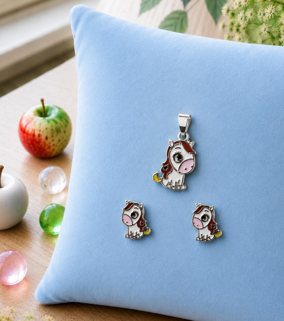 Cute Pony 92.5 Sterling Silver Pendant & Earring Set