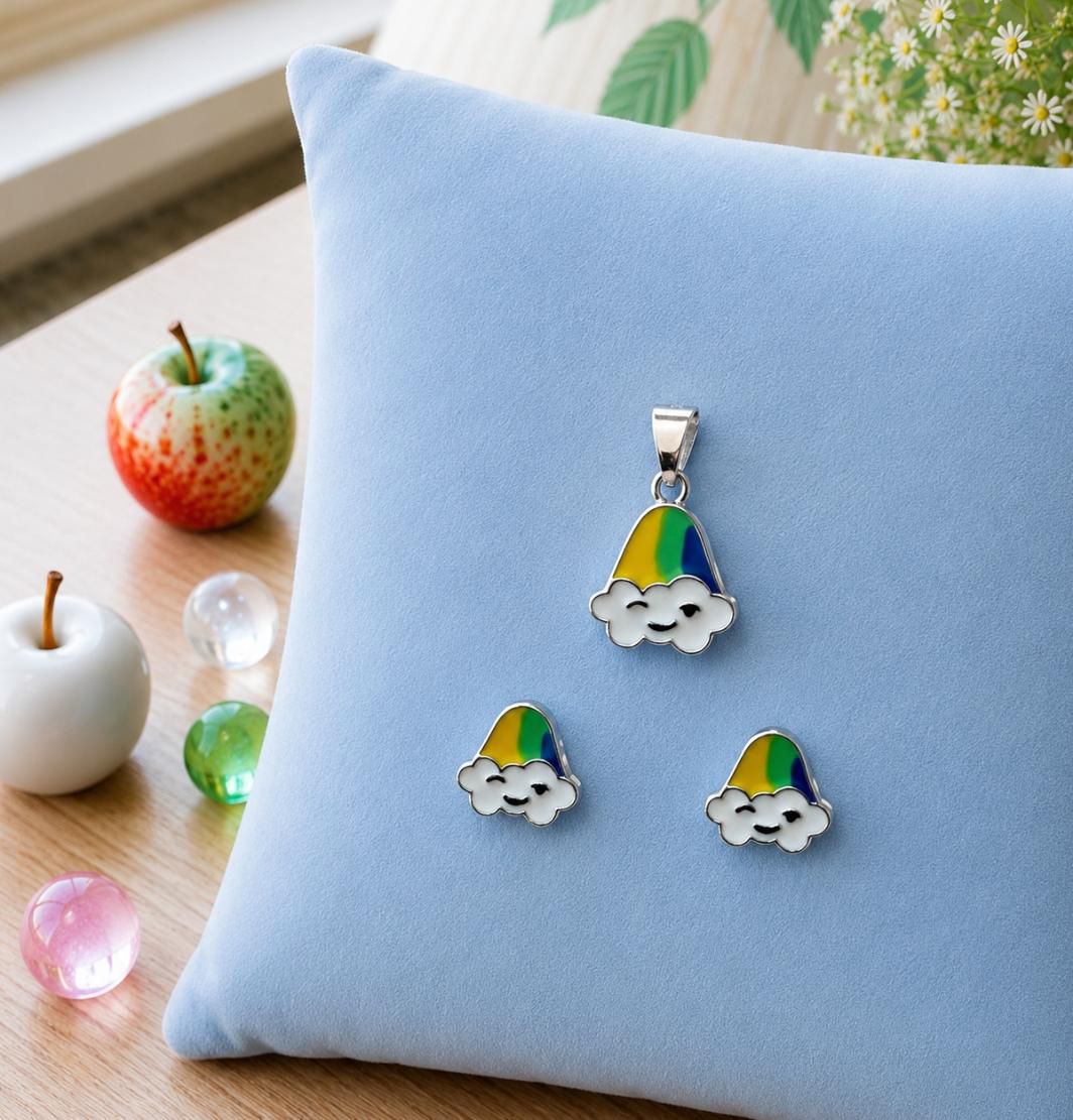 Smiling Rainbow Cloud 92.5 Sterling Silver Pendant &amp; Earring Set