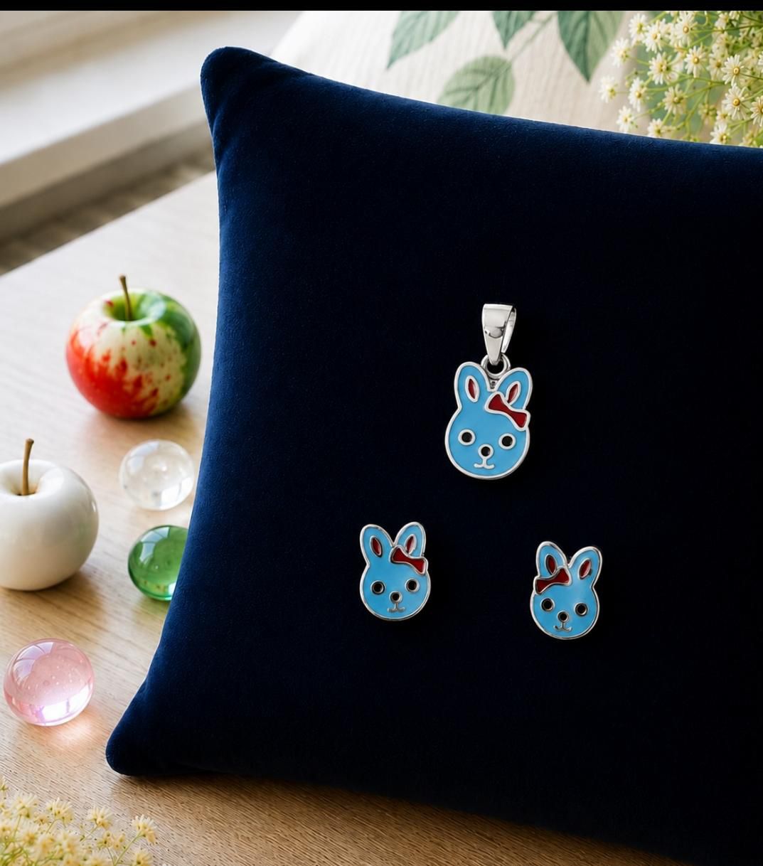 Playful Bunny Enamel pendant and earring Set