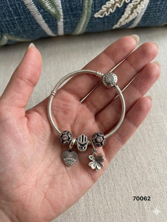 92.5 Sterling Silver Charm Bracelet – Hamsa & Four-Leaf Clover