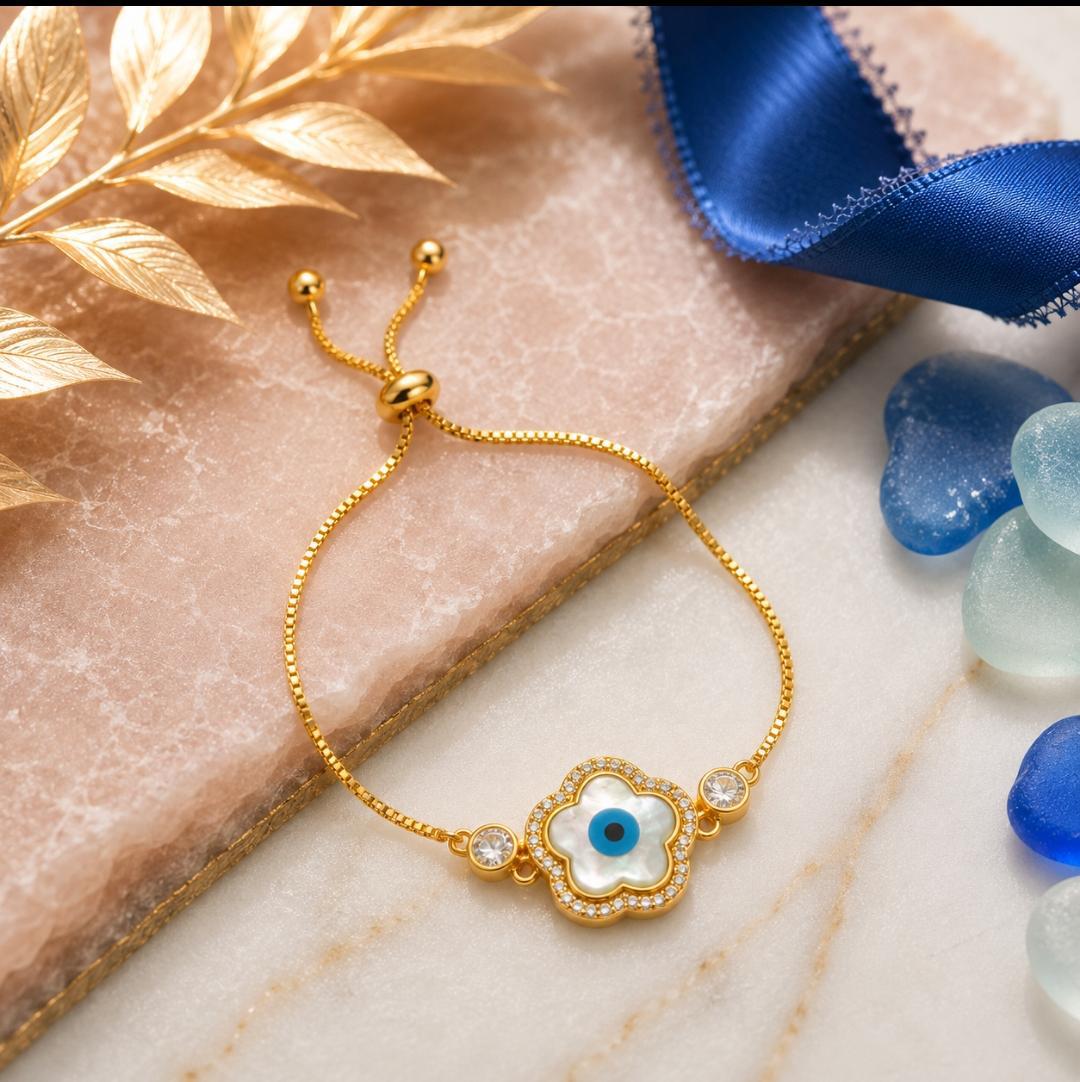 92.5 Sterling Silver Gold-Plated Evil Eye Flower Bracelet