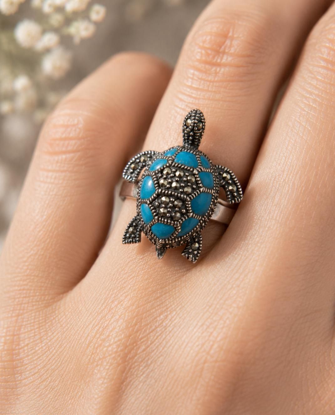 Turquoise Tortoise Marcasite Ring