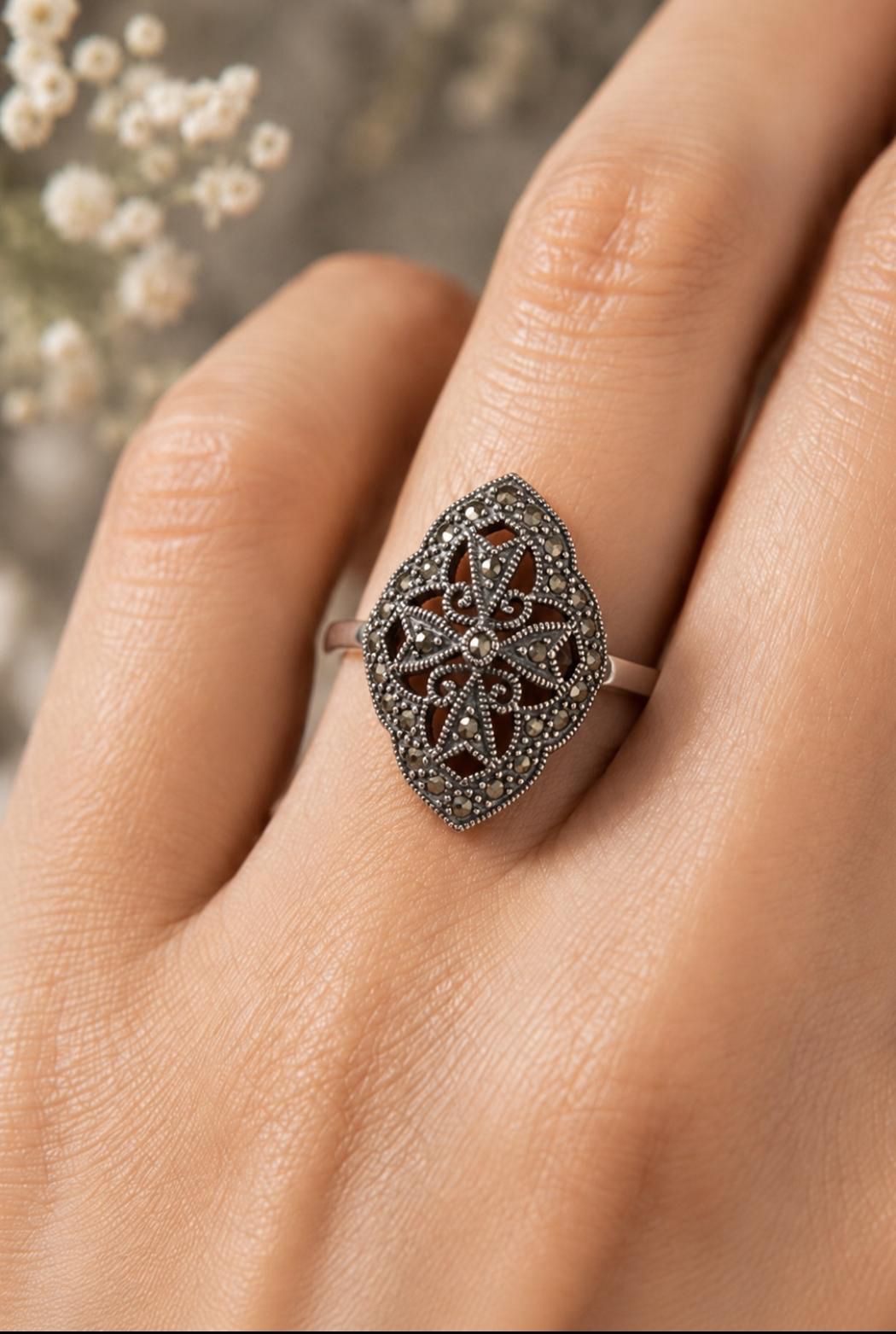 Filigree Marcasite Navette Ring