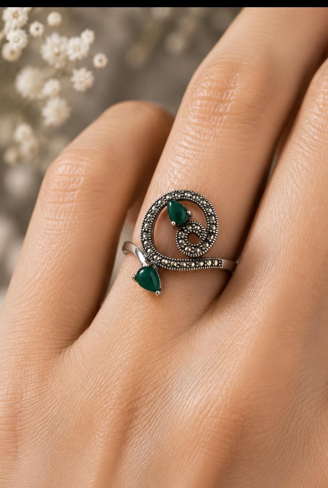 Swirl Marcasite & Green Stone Ring