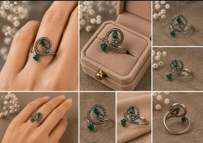 Swirl Marcasite & Green Stone Ring