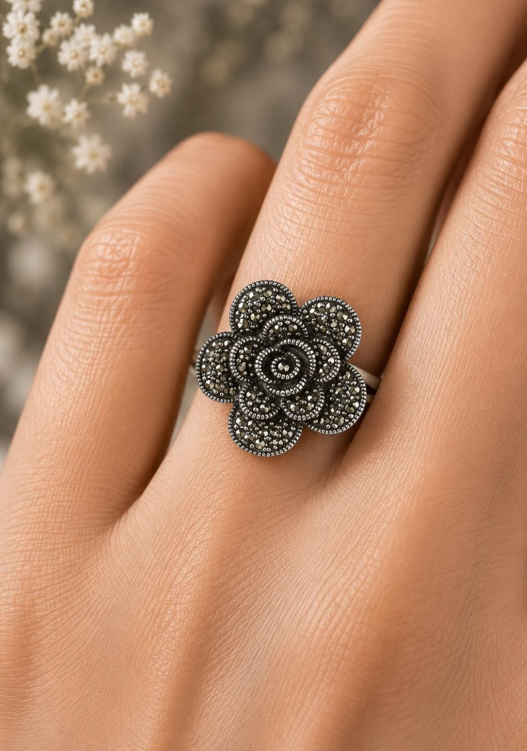 Marcasite Rose Flower Ring