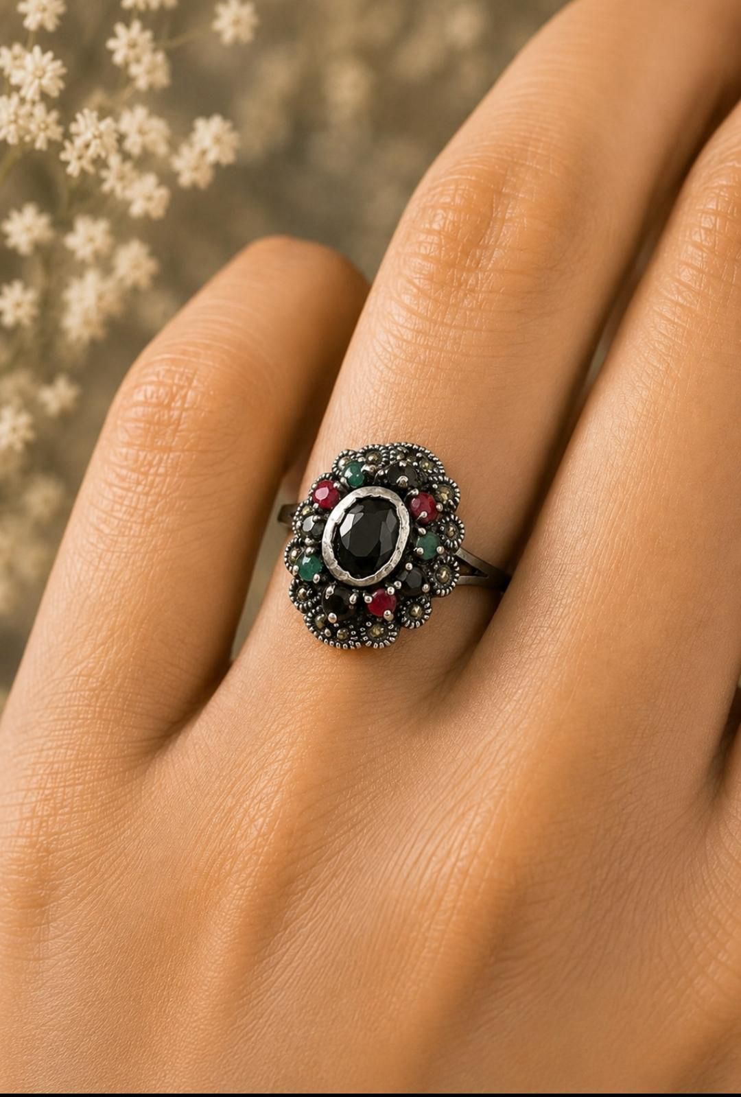 Vintage Navratna-Style Oval Ring