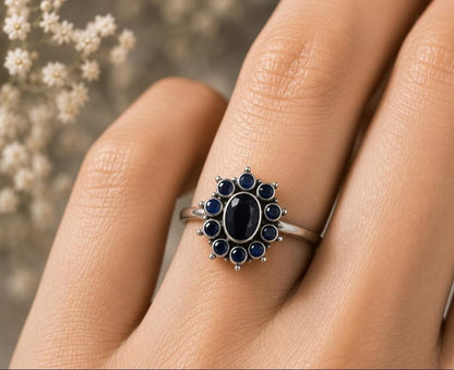 Vintage Sapphire Starburst Halo Ring