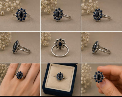 Vintage Sapphire Starburst Halo Ring