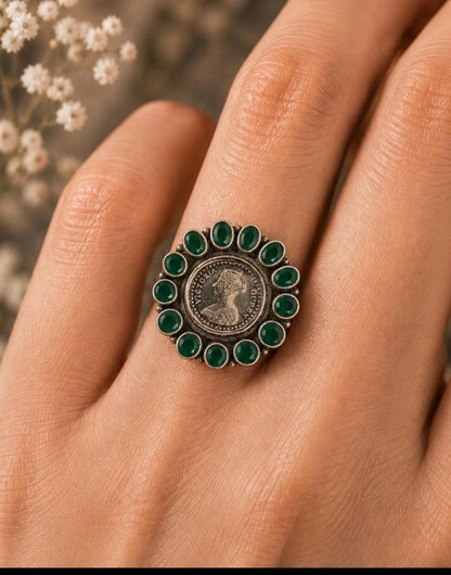 Vintage Victoria Coin Green Onyx Ring