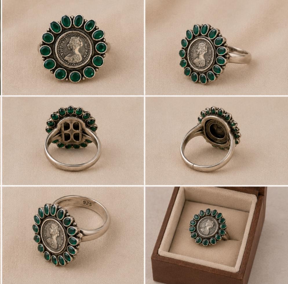 Vintage Victoria Coin Green Onyx Ring