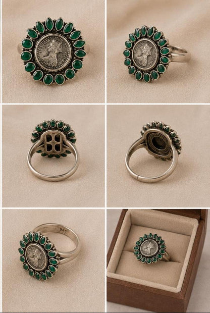 Vintage Victoria Coin Marquise Green Onyx Ring