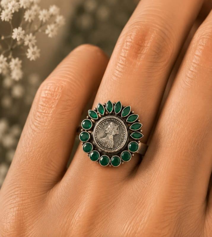 Vintage Victoria Coin Marquise Green Onyx Ring