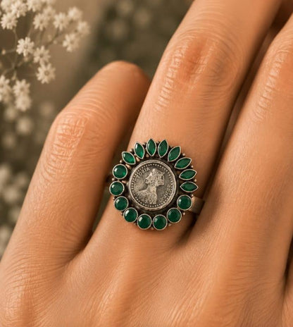 Vintage Victoria Coin Marquise Green Onyx Ring