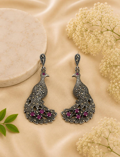 Regal Marcasite Ruby Peacock Earrings