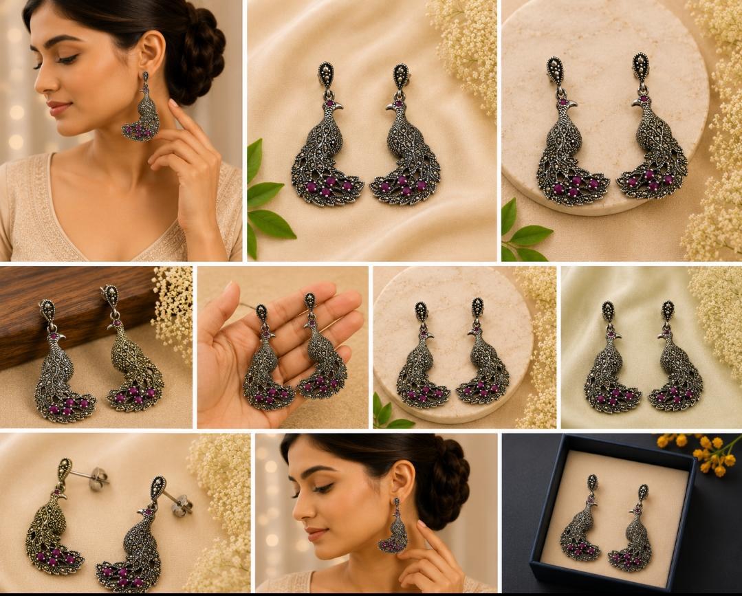Regal Marcasite Ruby Peacock Earrings
