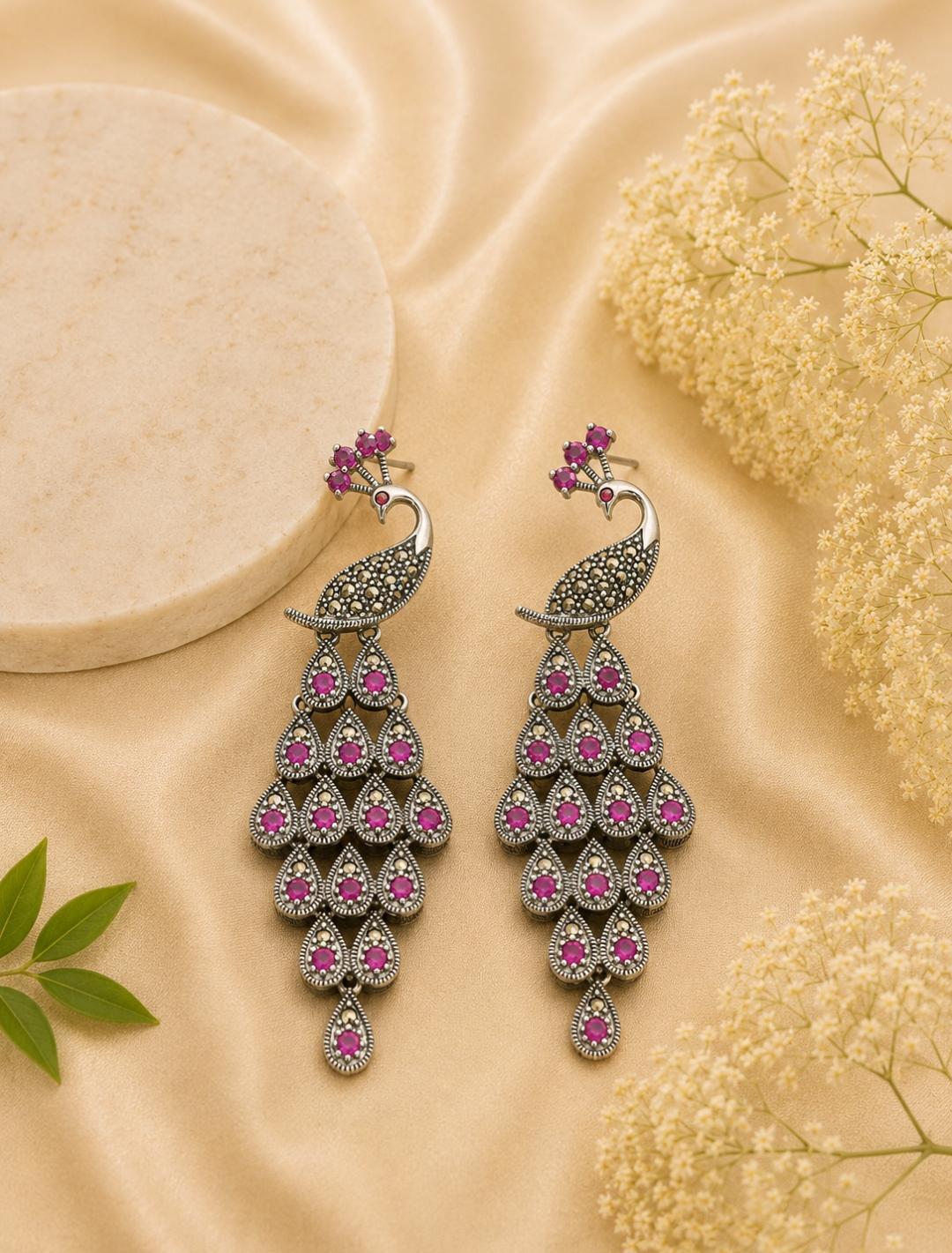 Royal Marcasite Ruby Chandelier Earrings