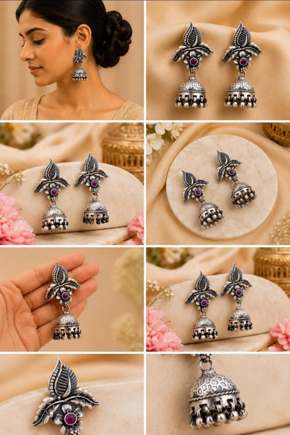 Floral Leaf Design 92.5 Sterling Silver Jhumka Earrings