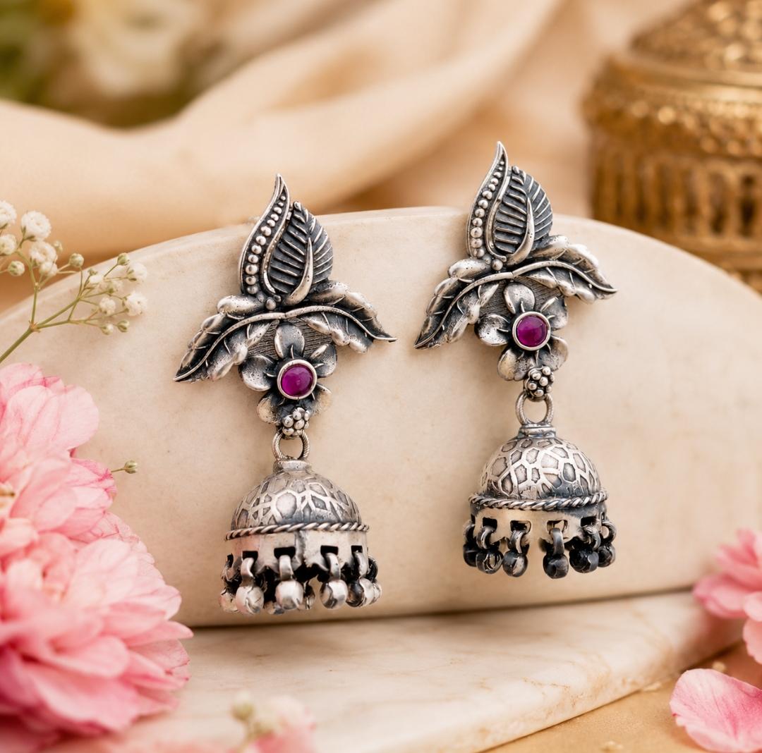 Floral Leaf Design 92.5 Sterling Silver Jhumka Earrings