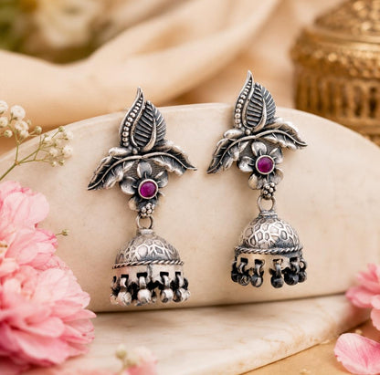 Floral Leaf Design 92.5 Sterling Silver Jhumka Earrings