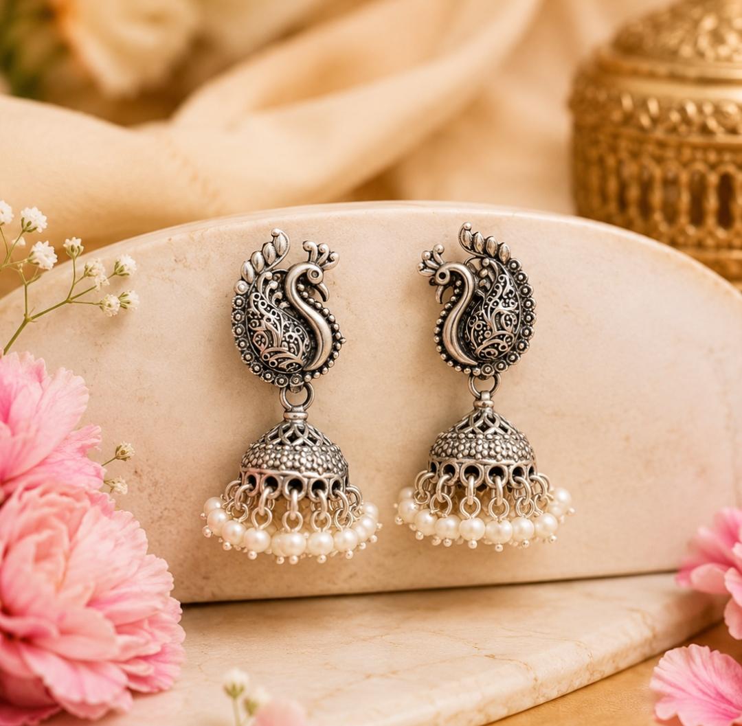 Peacock Design 92.5 Sterling Silver Pearl Jhumka Earrings