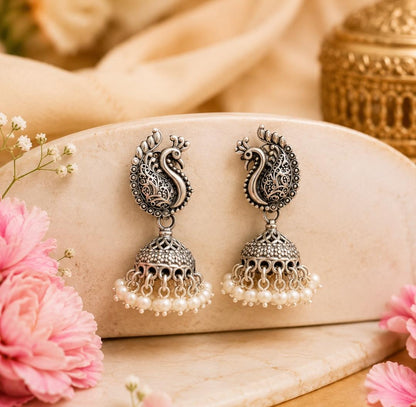 Peacock Design 92.5 Sterling Silver Pearl Jhumka Earrings
