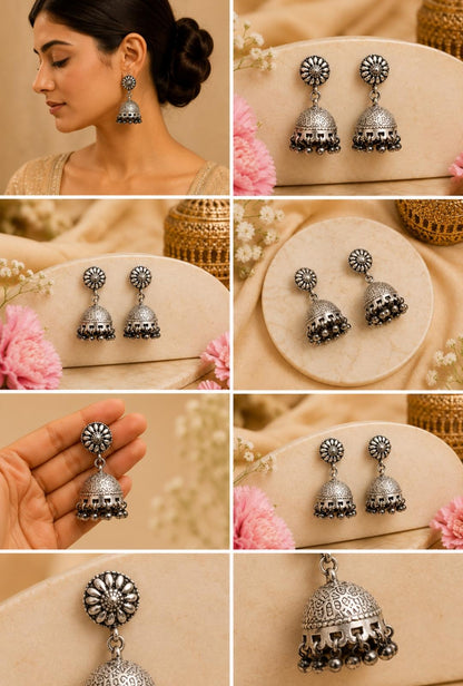 Floral Dome 92.5 Sterling Silver Jhumka Earrings