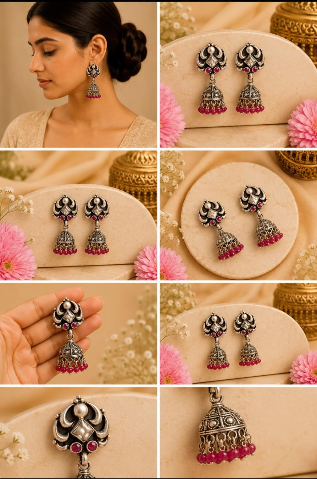 92.5 Sterling Silver Pink Stone Jhumki Earrings