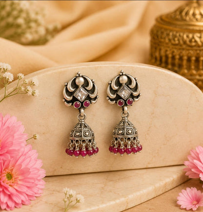 92.5 Sterling Silver Pink Stone Jhumki Earrings