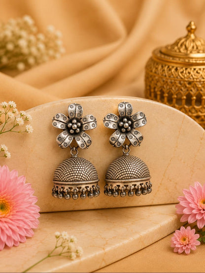 92.5 Sterling Silver Floral Dome Jhumki Earrings